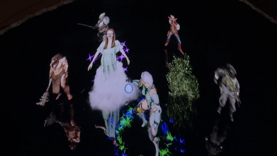 Characters floating inside the holographic cabinet